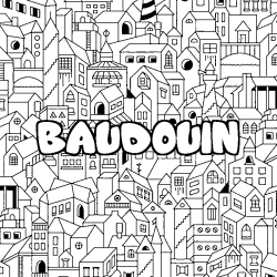 Coloriage prénom BAUDOUIN - décor Ville