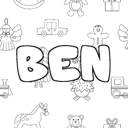 Coloriage pr&eacute;nom BEN - d&eacute;cor Jouets