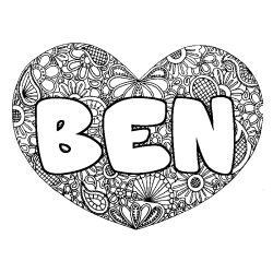 Coloriage pr&eacute;nom BEN - d&eacute;cor Mandala coeur