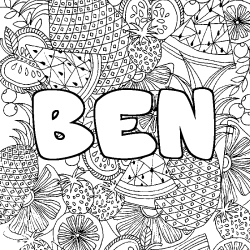 Coloriage pr&eacute;nom BEN - d&eacute;cor Mandala fruits