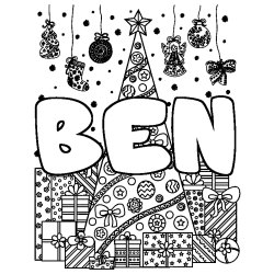Coloriage prénom BEN - décor Sapin et Cadeaux