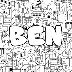 Coloriage pr&eacute;nom BEN - d&eacute;cor Ville