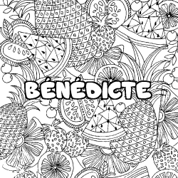 Coloriage prénom BÉNÉDICTE - décor Mandala fruits
