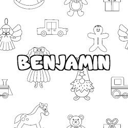Coloriage prénom BENJAMIN - décor Jouets