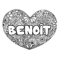 Coloriage pr&eacute;nom BENO&Icirc;T - d&eacute;cor Mandala coeur