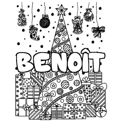 Coloriage prénom BENOÎT - décor Sapin et Cadeaux