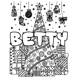 Coloriage prénom BETTY - décor Sapin et Cadeaux