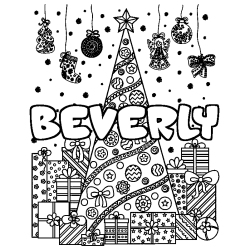 Coloriage pr&eacute;nom BEVERLY - d&eacute;cor Sapin et Cadeaux