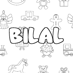 Coloriage prénom BILAL - décor Jouets