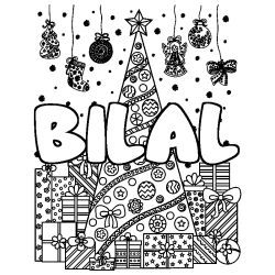 Coloriage prénom BILAL - décor Sapin et Cadeaux