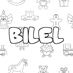 Coloriage prénom BILEL - décor Jouets