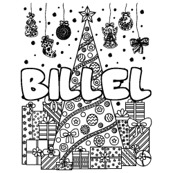 Coloriage prénom BILLEL - décor Sapin et Cadeaux