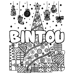 Coloriage prénom BINTOU - décor Sapin et Cadeaux