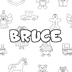 Coloriage prénom BRUCE - décor Jouets