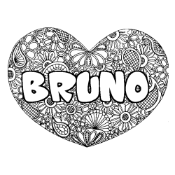 Coloriage pr&eacute;nom BRUNO - d&eacute;cor Mandala coeur