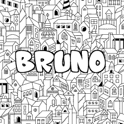 Coloriage pr&eacute;nom BRUNO - d&eacute;cor Ville