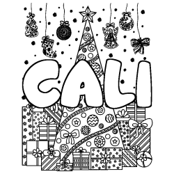 Coloriage prénom CALI - décor Sapin et Cadeaux