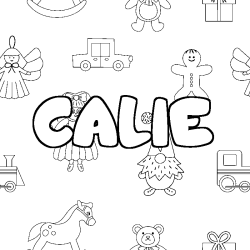Coloriage pr&eacute;nom CALIE - d&eacute;cor Jouets