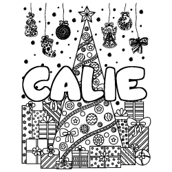 Coloriage prénom CALIE - décor Sapin et Cadeaux