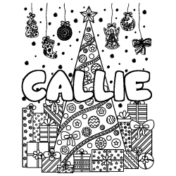 Coloriage prénom CALLIE - décor Sapin et Cadeaux