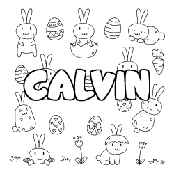 Coloriage prénom CALVIN - décor Paques