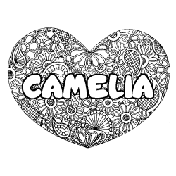 Coloriage pr&eacute;nom CAMELIA - d&eacute;cor Mandala coeur