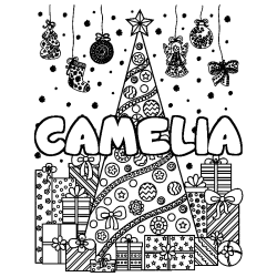 Coloriage prénom CAMELIA - décor Sapin et Cadeaux