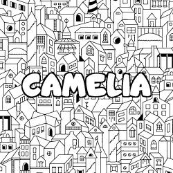 Coloriage prénom CAMELIA - décor Ville