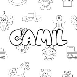Coloriage prénom CAMIL - décor Jouets