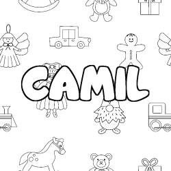 Coloriage pr&eacute;nom CAMIL - d&eacute;cor Jouets