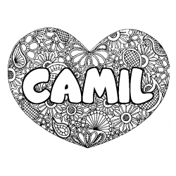 Coloriage prénom CAMIL - décor Mandala coeur