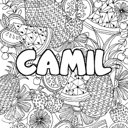 Coloriage prénom CAMIL - décor Mandala fruits