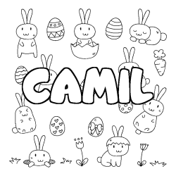 Coloriage pr&eacute;nom CAMIL - d&eacute;cor Paques