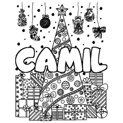Coloriage prénom CAMIL - décor Sapin et Cadeaux