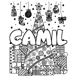 Coloriage pr&eacute;nom CAMIL - d&eacute;cor Sapin et Cadeaux