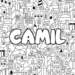 Coloriage prénom CAMIL - décor Ville