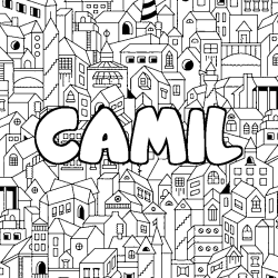 Coloriage pr&eacute;nom CAMIL - d&eacute;cor Ville