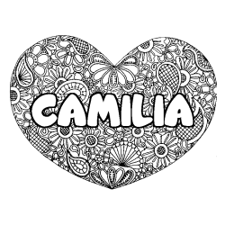 Coloriage pr&eacute;nom CAMILIA - d&eacute;cor Mandala coeur