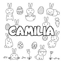 Coloriage pr&eacute;nom CAMILIA - d&eacute;cor Paques