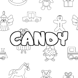 Coloriage pr&eacute;nom CANDY - d&eacute;cor Jouets
