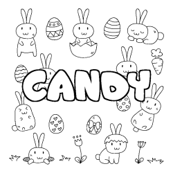 Coloriage pr&eacute;nom CANDY - d&eacute;cor Paques