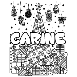 Coloriage pr&eacute;nom CARINE - d&eacute;cor Sapin et Cadeaux