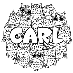 Coloriage pr&eacute;nom CARL - d&eacute;cor Chouettes