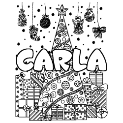 Coloriage prénom CARLA - décor Sapin et Cadeaux