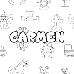 Coloriage prénom CARMEN - décor Jouets