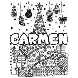 Coloriage CARMEN - d&eacute;cor Sapin et Cadeaux