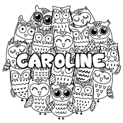 Coloriage prénom CAROLINE - décor Chouettes
