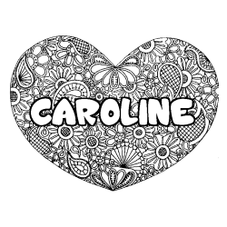 Coloriage prénom CAROLINE - décor Mandala coeur