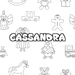 Coloriage prénom CASSANDRA - décor Jouets