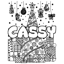 Coloriage prénom CASSY - décor Sapin et Cadeaux